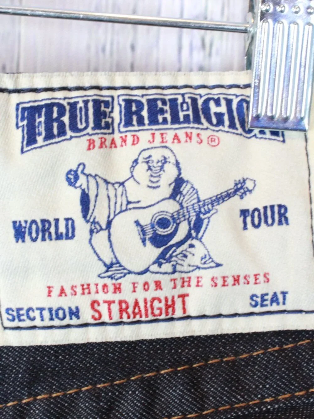 NWT True Religion Straight Leg Flap Jeans Sunset Logo Orange Red Stitch 33